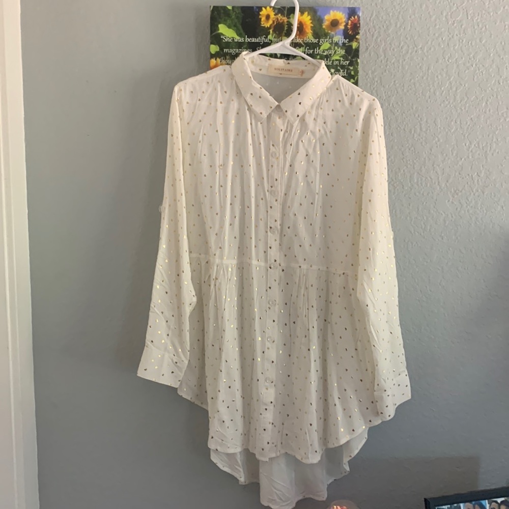 Cute baby doll button up shirt White with gold hearts